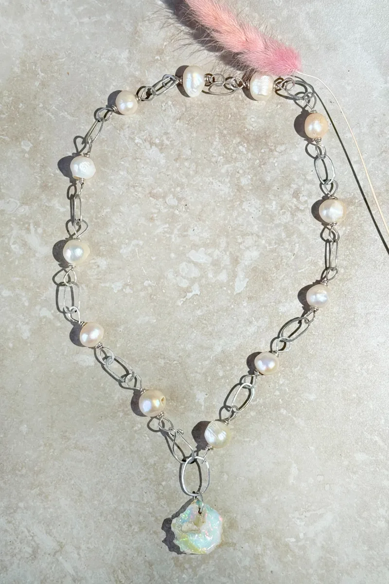 Raw Opal   Freshwater Pearl Necklace