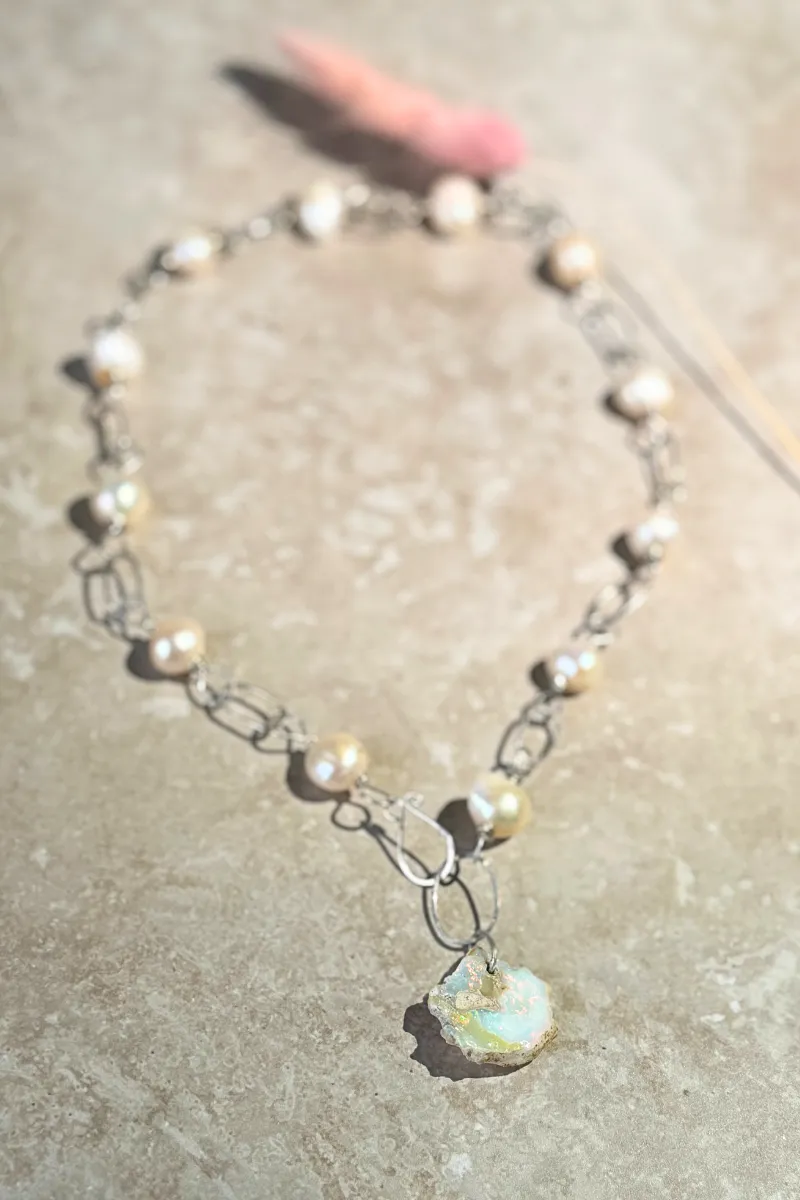Raw Opal   Freshwater Pearl Necklace