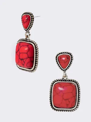 Red Stone Square Dangle Post Earring