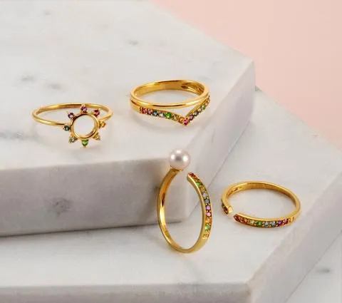 Regenbogen Edelstein & Perlen Offen Ring in Vergoldetem Sterling Silber