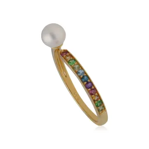 Regenbogen Edelstein & Perlen Offen Ring in Vergoldetem Sterling Silber