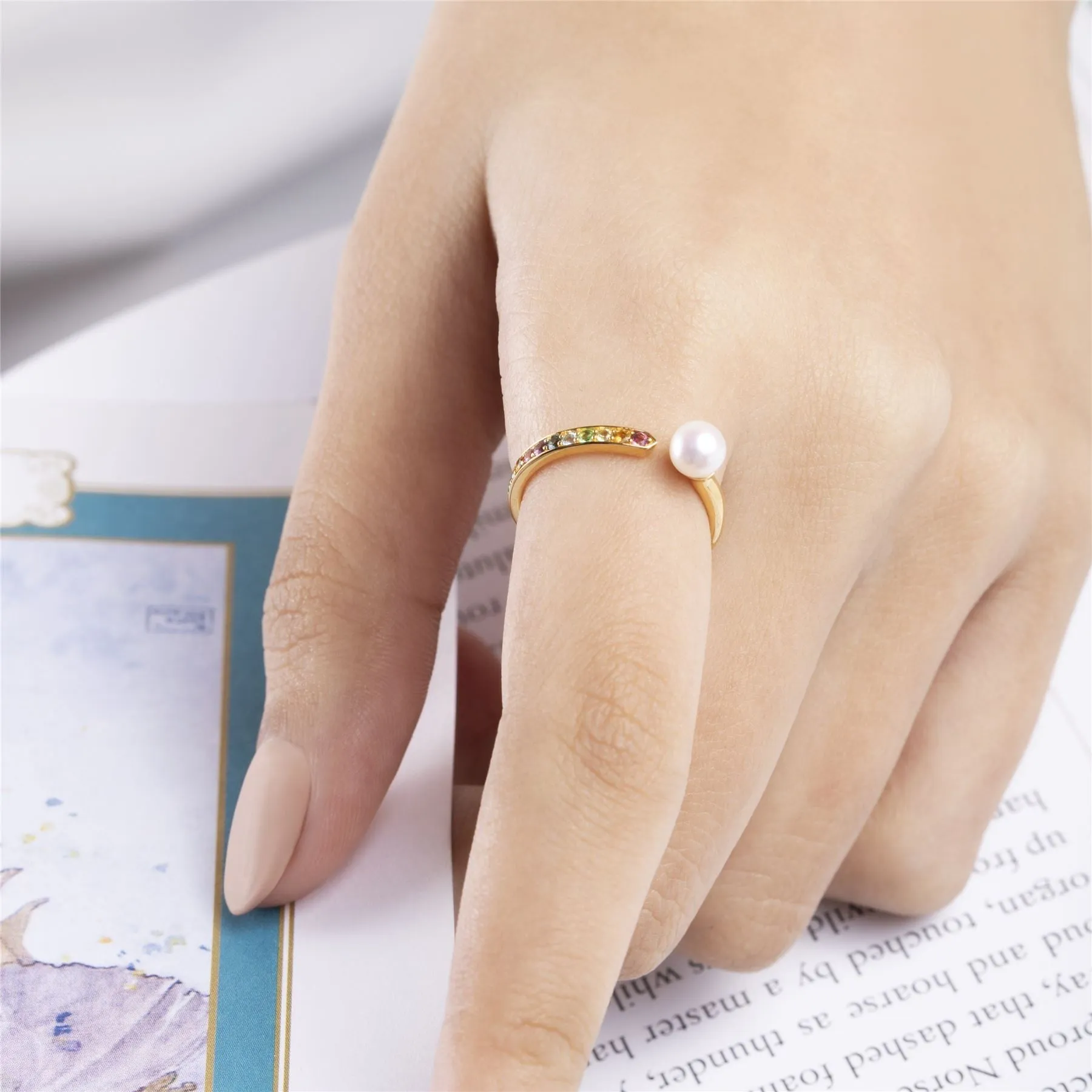 Regenbogen Edelstein & Perlen Offen Ring in Vergoldetem Sterling Silber