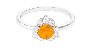 Round Fire Opal Flower Engagement Ring with Diamond