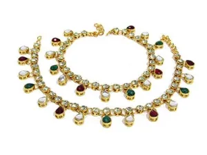 Shree Mauli Creation Multicolour Alloy Maroon Green Kundan Drop Anklet for Women