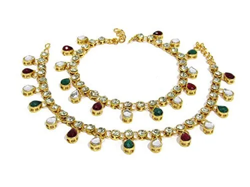 Shree Mauli Creation Multicolour Alloy Maroon Green Kundan Drop Anklet for Women