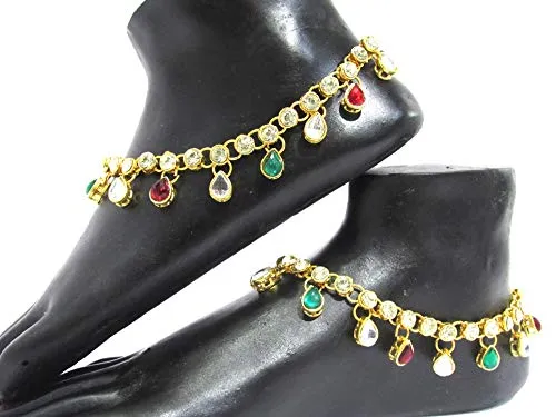 Shree Mauli Creation Multicolour Alloy Maroon Green Kundan Drop Anklet for Women