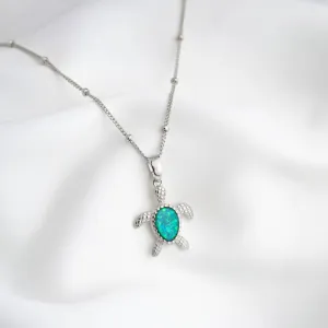 Silver Bohemian Green Opal Turtle Necklace