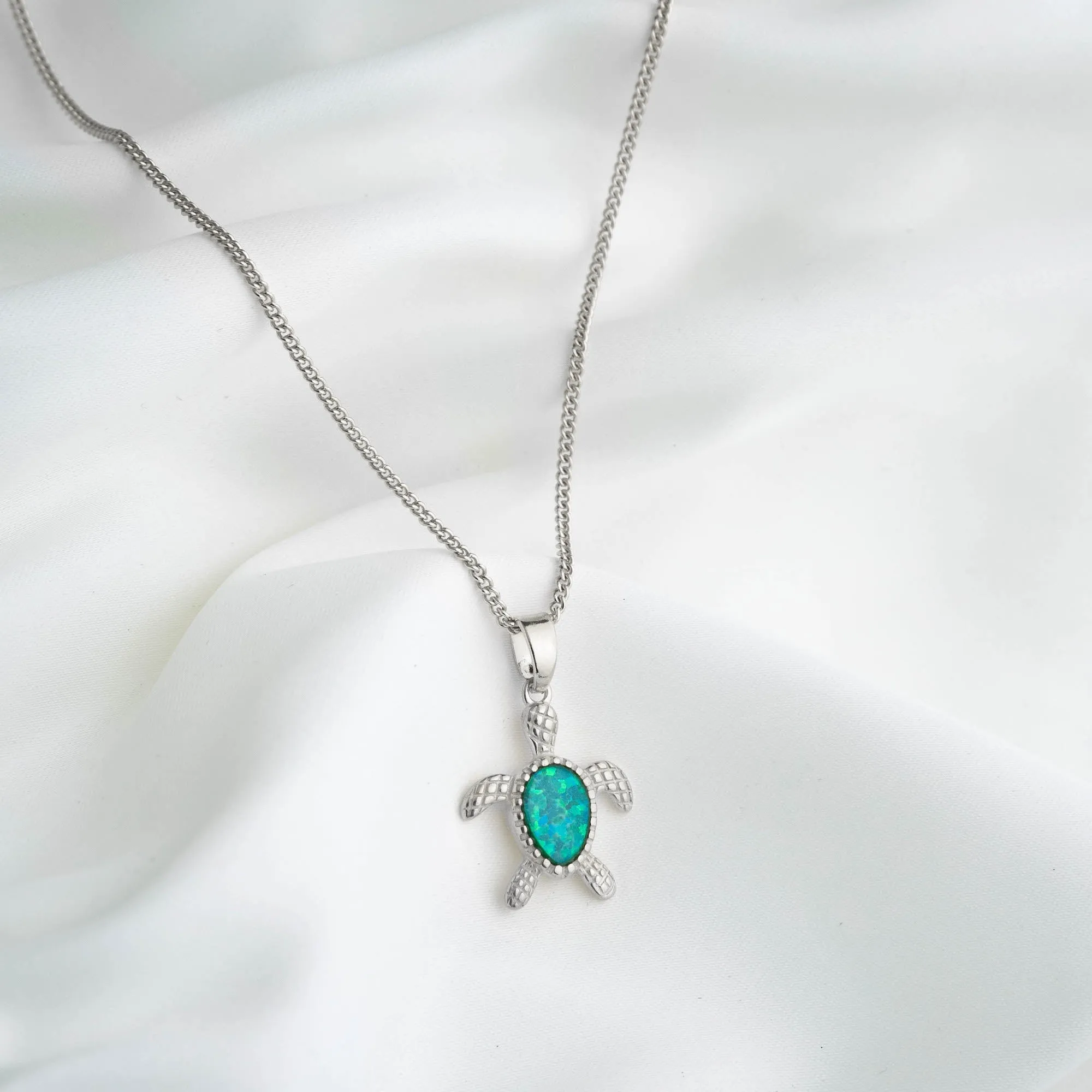 Silver Bohemian Green Opal Turtle Necklace