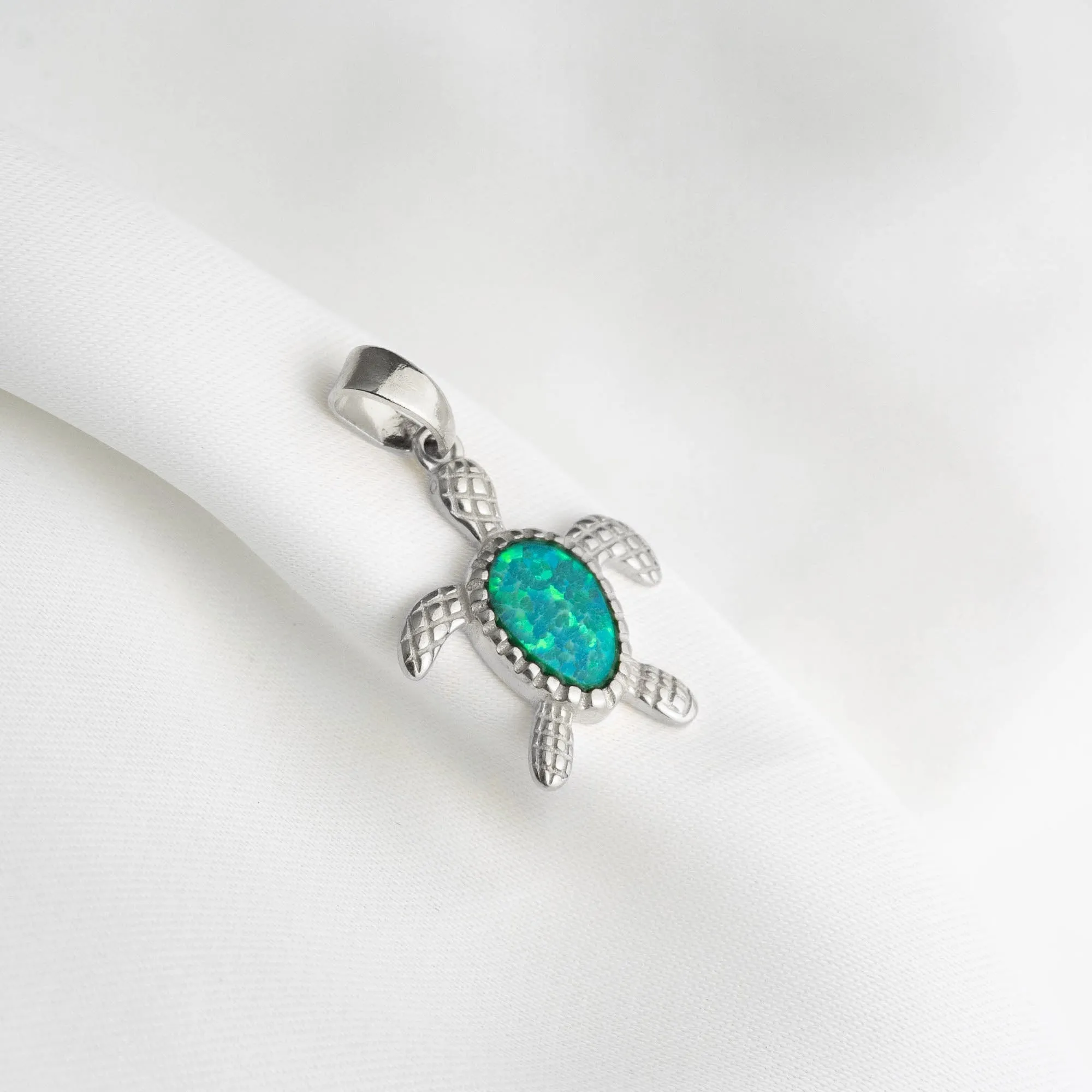 Silver Bohemian Green Opal Turtle Necklace