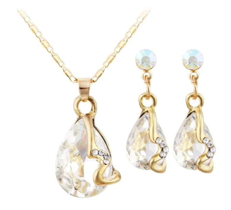 Simple Design Gold Tone Necklace-Pendant Earrings Set-White Zircon-Bridesmaids Gift