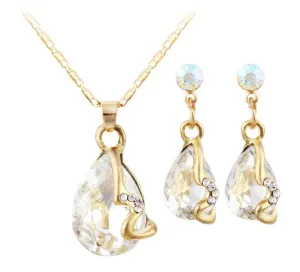 Simple Design Gold Tone Necklace-Pendant Earrings Set-White Zircon-Bridesmaids Gift