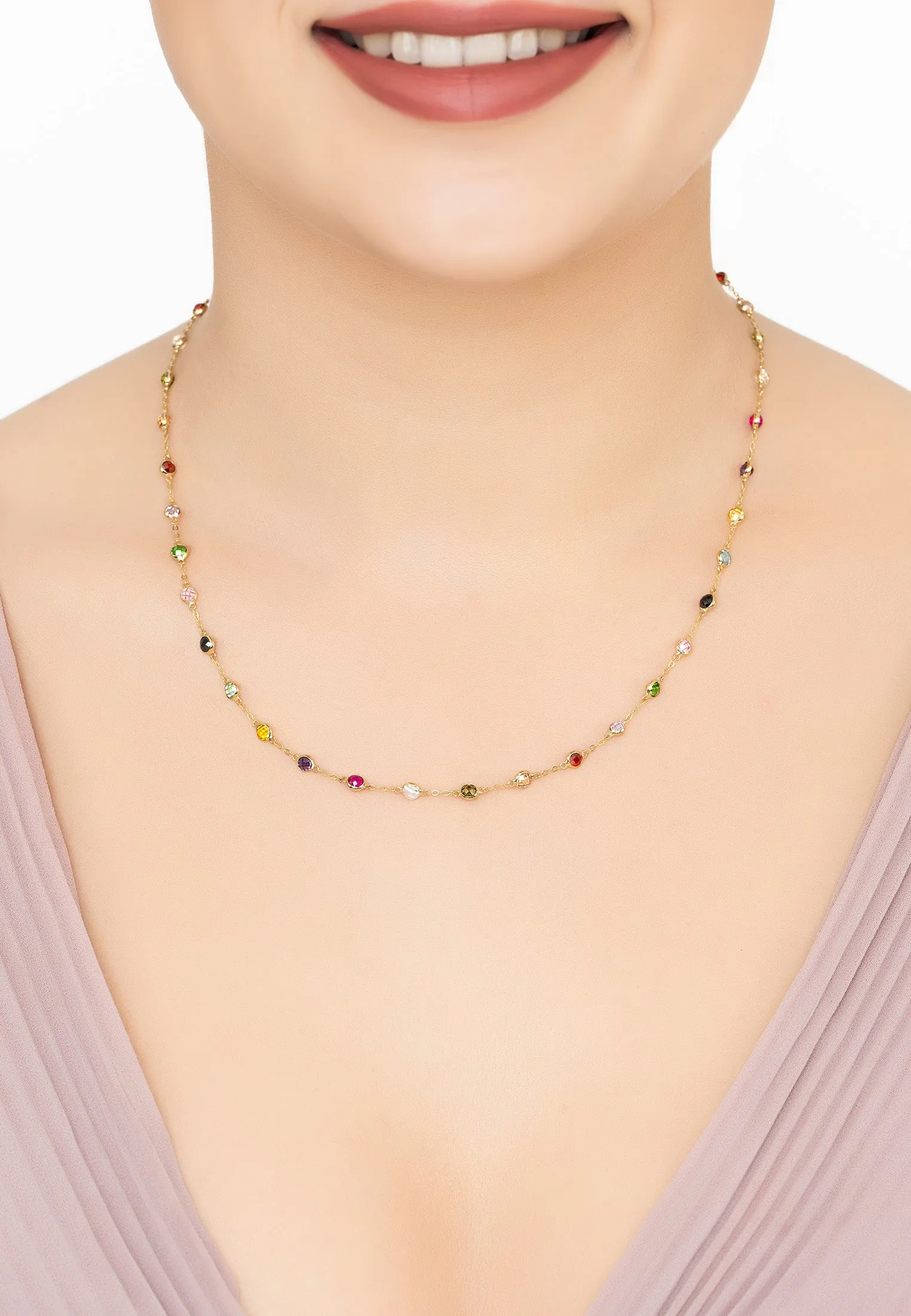 Solid 14K Gold Rainbow Multi Gemstone Necklace