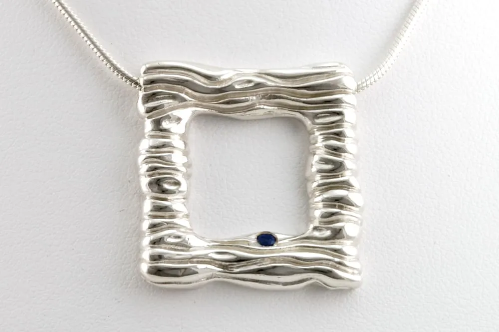 Square Silver Pendant Necklace: Water Necklace With Blue Sapphire
