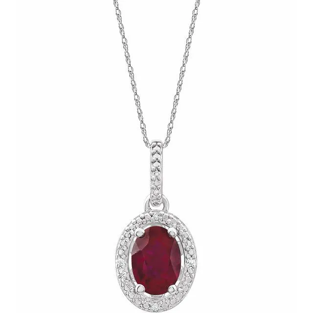 Sterling Silver Oval Gemstone & .01 CTW Diamond Halo-Style 18" Necklaces