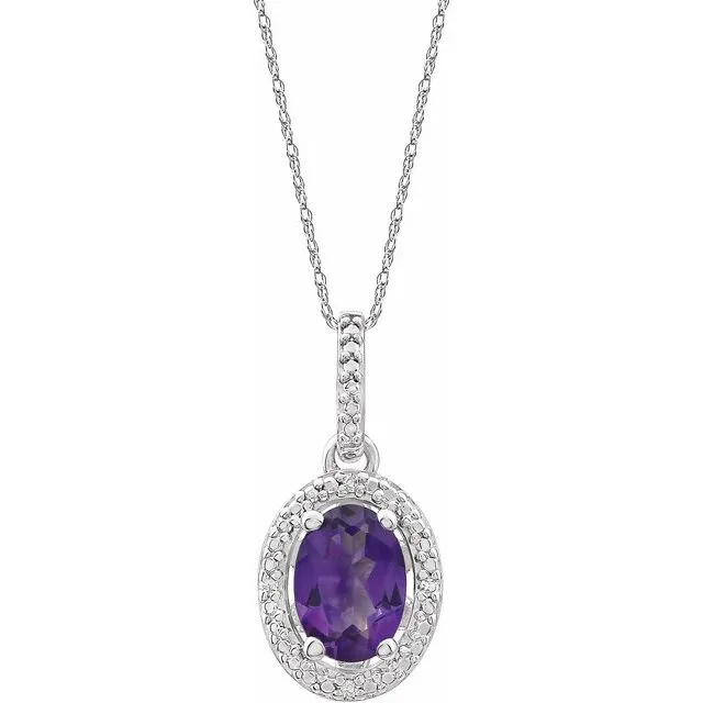 Sterling Silver Oval Gemstone & .01 CTW Diamond Halo-Style 18" Necklaces