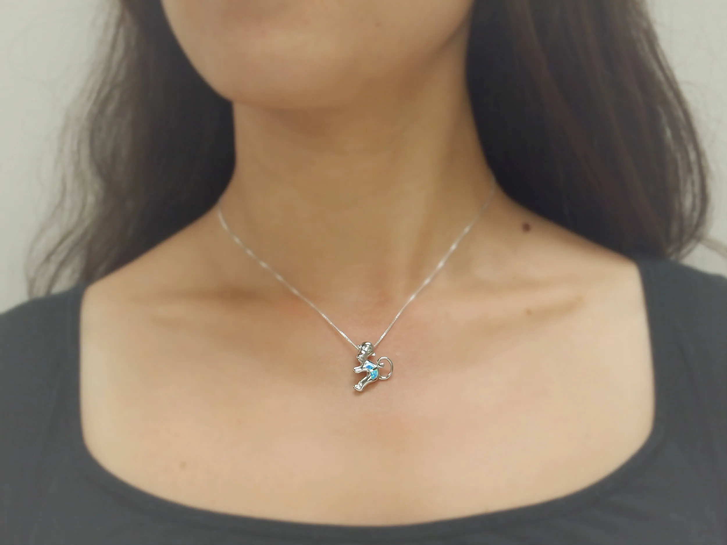 Sterling Silver Synthetic Blue Opal Monkey Pendant Necklace, 16 2" Extender