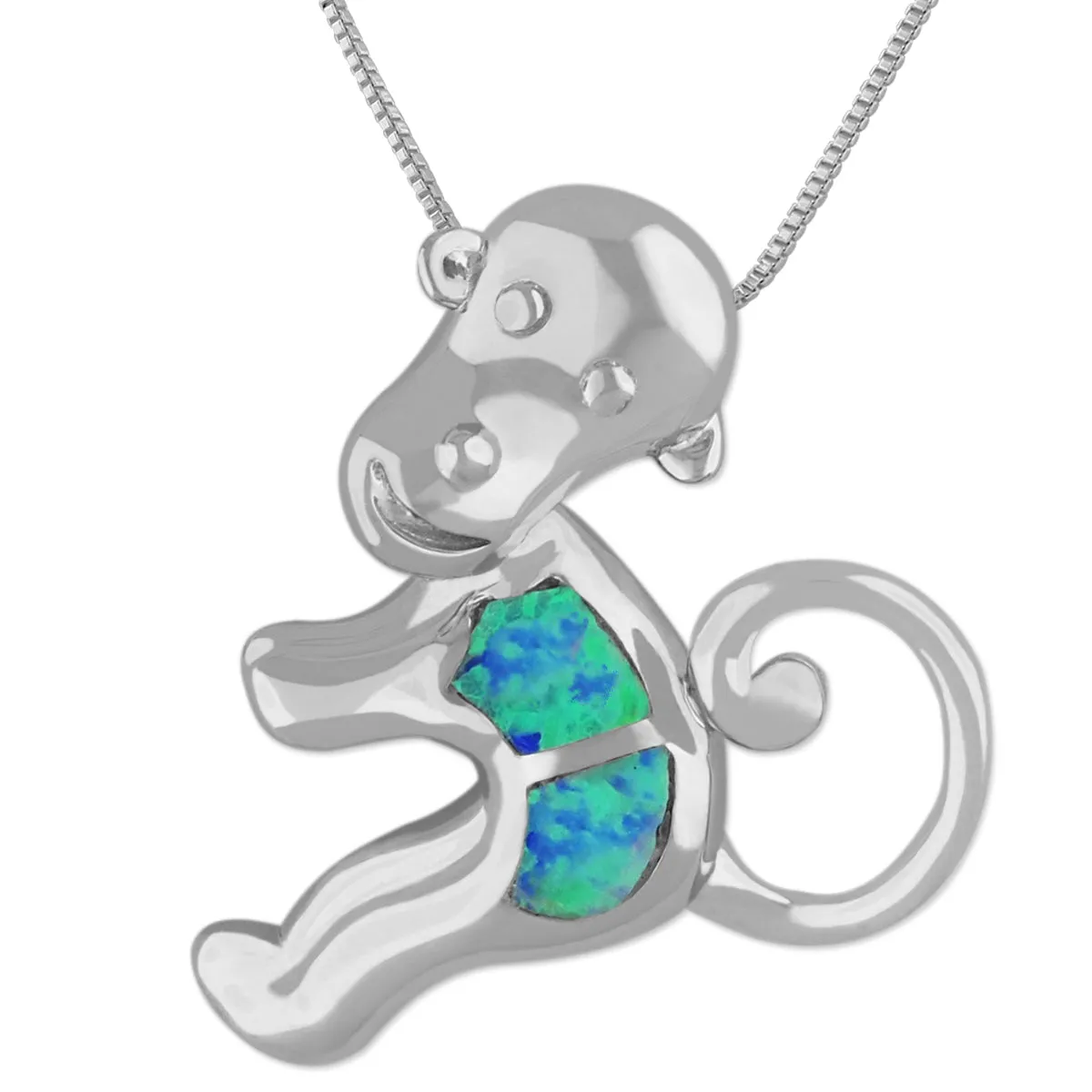Sterling Silver Synthetic Blue Opal Monkey Pendant Necklace, 16 2" Extender