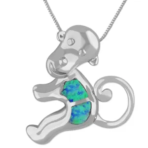 Sterling Silver Synthetic Blue Opal Monkey Pendant Necklace, 16 2" Extender