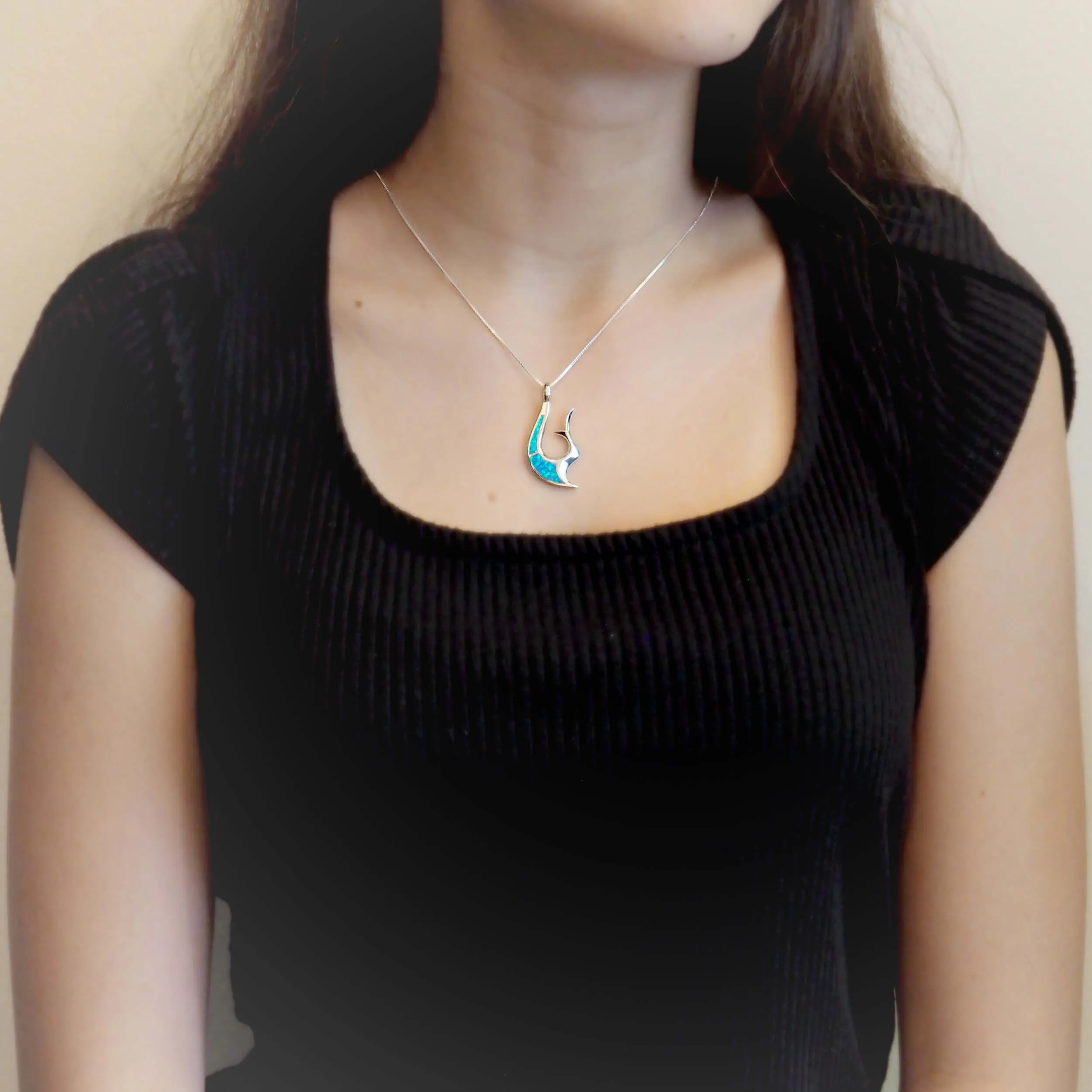 Sterling Silver Synthetic Blue Opal Reversible Fish Hook Pendant Necklace, 18 2" Extender
