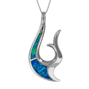 Sterling Silver Synthetic Blue Opal Reversible Fish Hook Pendant Necklace, 18 2" Extender