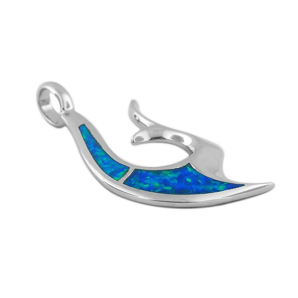 Sterling Silver Synthetic Blue Opal Reversible Fish Hook Pendant Necklace, 18 2" Extender