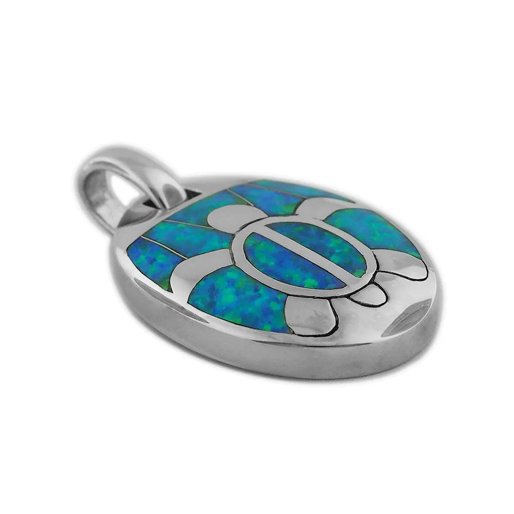 Sterling Silver Synthetic Blue Opal Turtle Oval Pendant