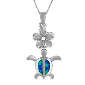 Sterling Silver Synthetic Blue Opal Turtle Plumeria Pendant Necklace, 16 2" Extender