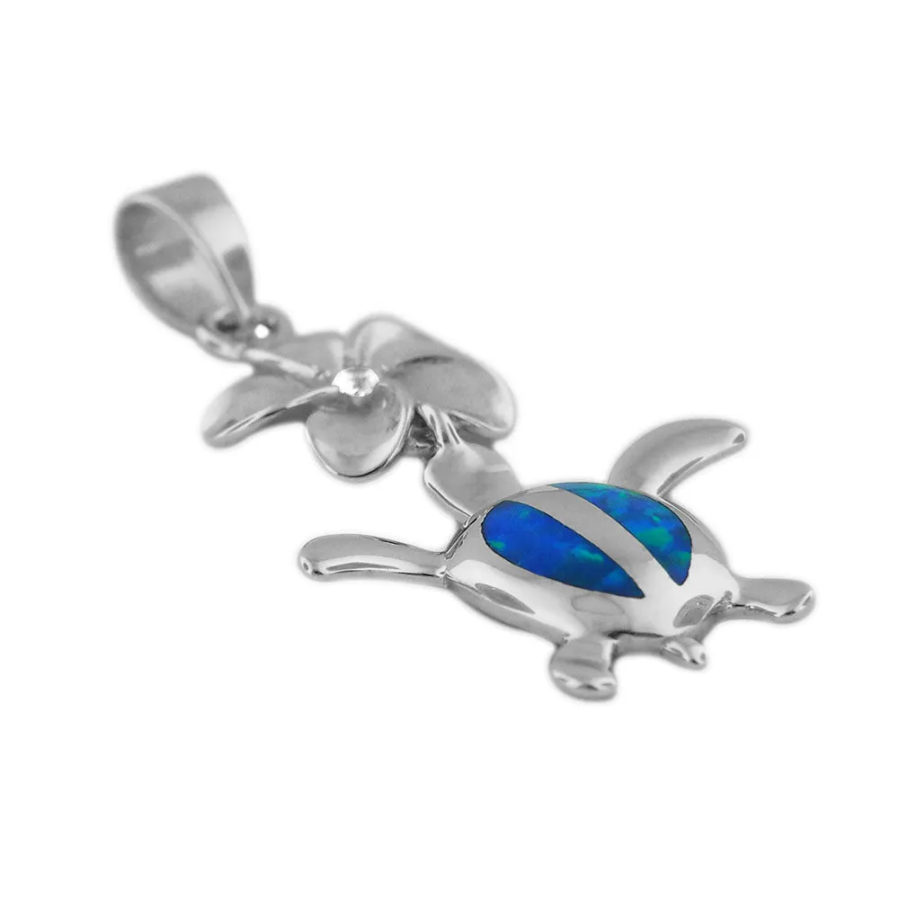 Sterling Silver Synthetic Blue Opal Turtle Plumeria Pendant Necklace, 16 2" Extender