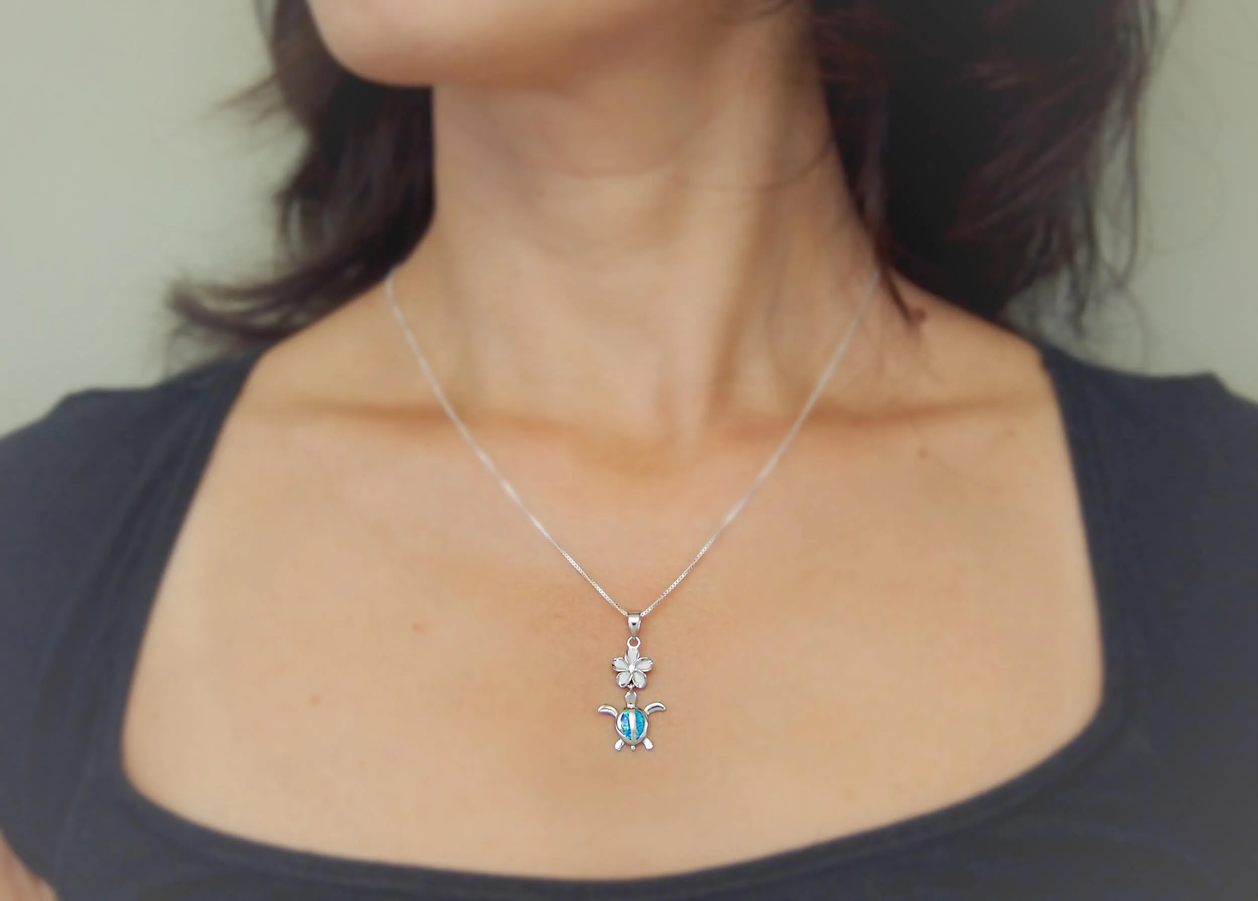 Sterling Silver Synthetic Blue Opal Turtle Plumeria Pendant Necklace, 16 2" Extender