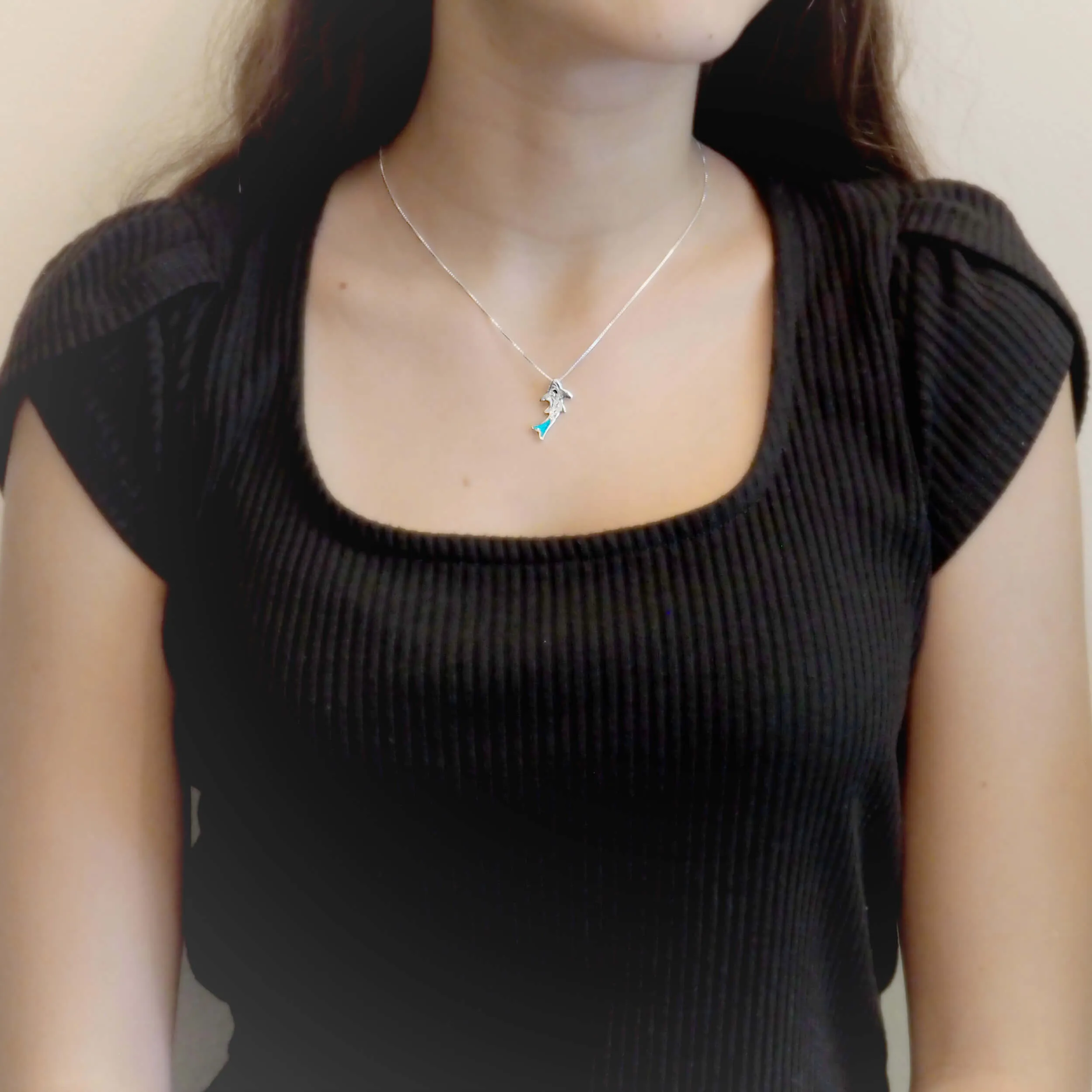 Sterling Silver Synthetic Opal Shark Pendant Necklace, 16 2" Extender