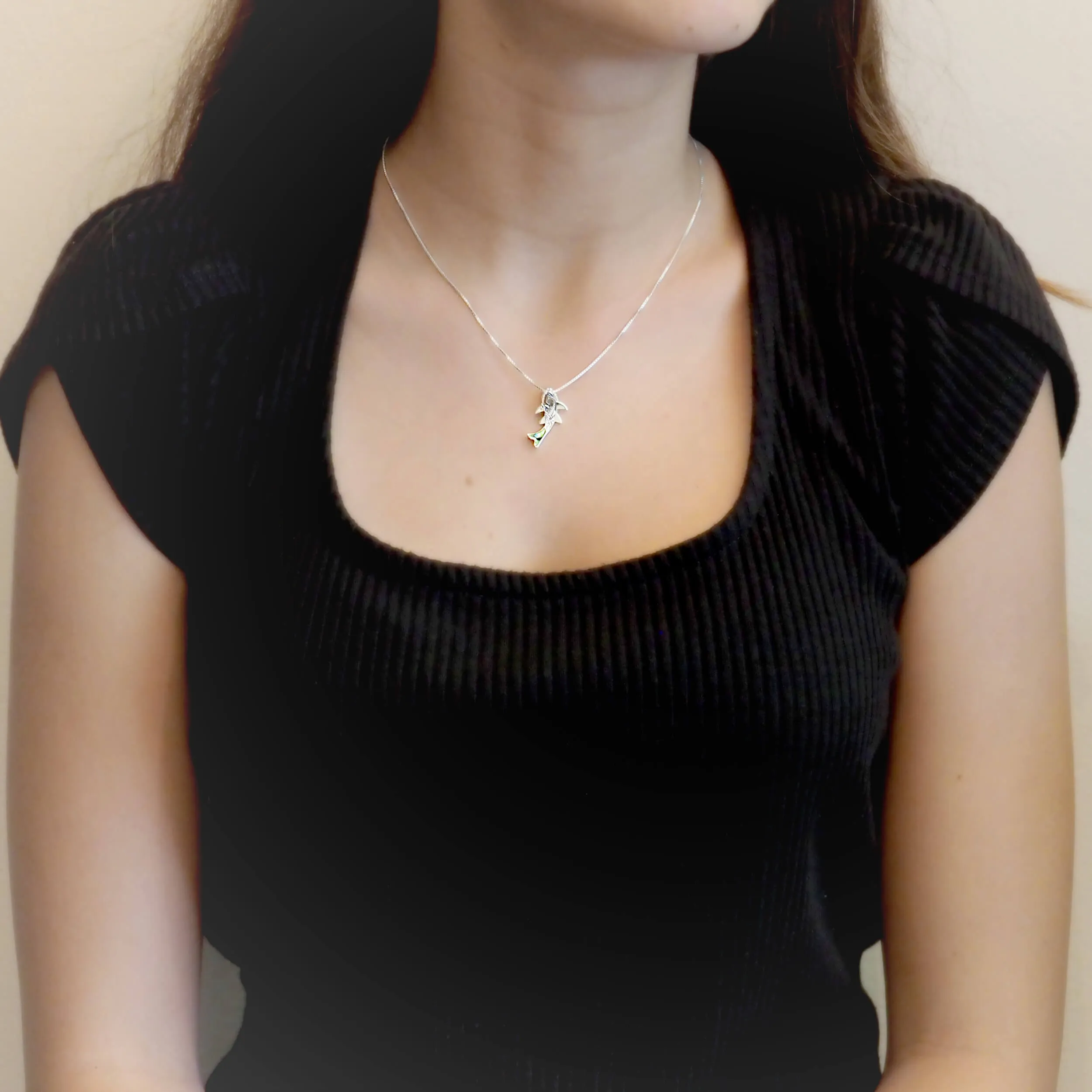 Sterling Silver Synthetic Opal Shark Pendant Necklace, 16 2" Extender