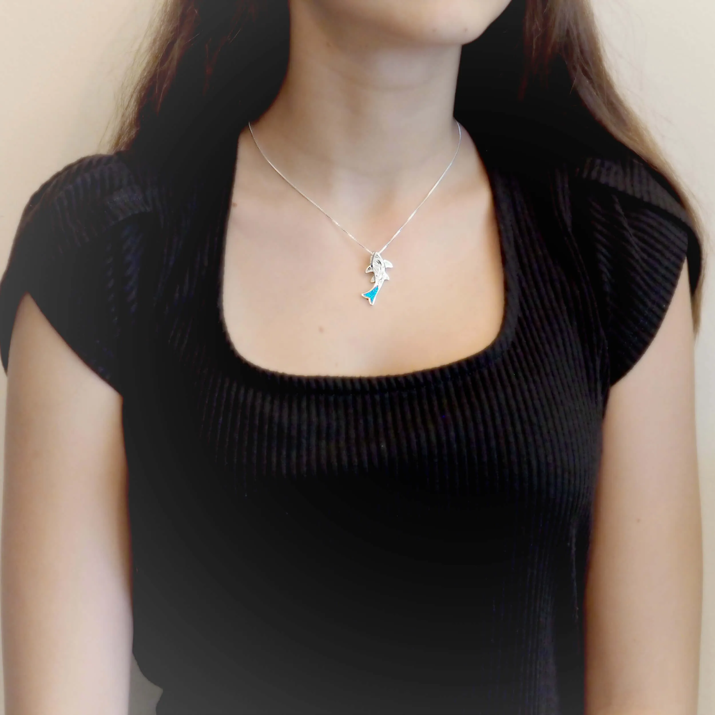 Sterling Silver Synthetic Opal Shark Pendant Necklace, 16 2" Extender