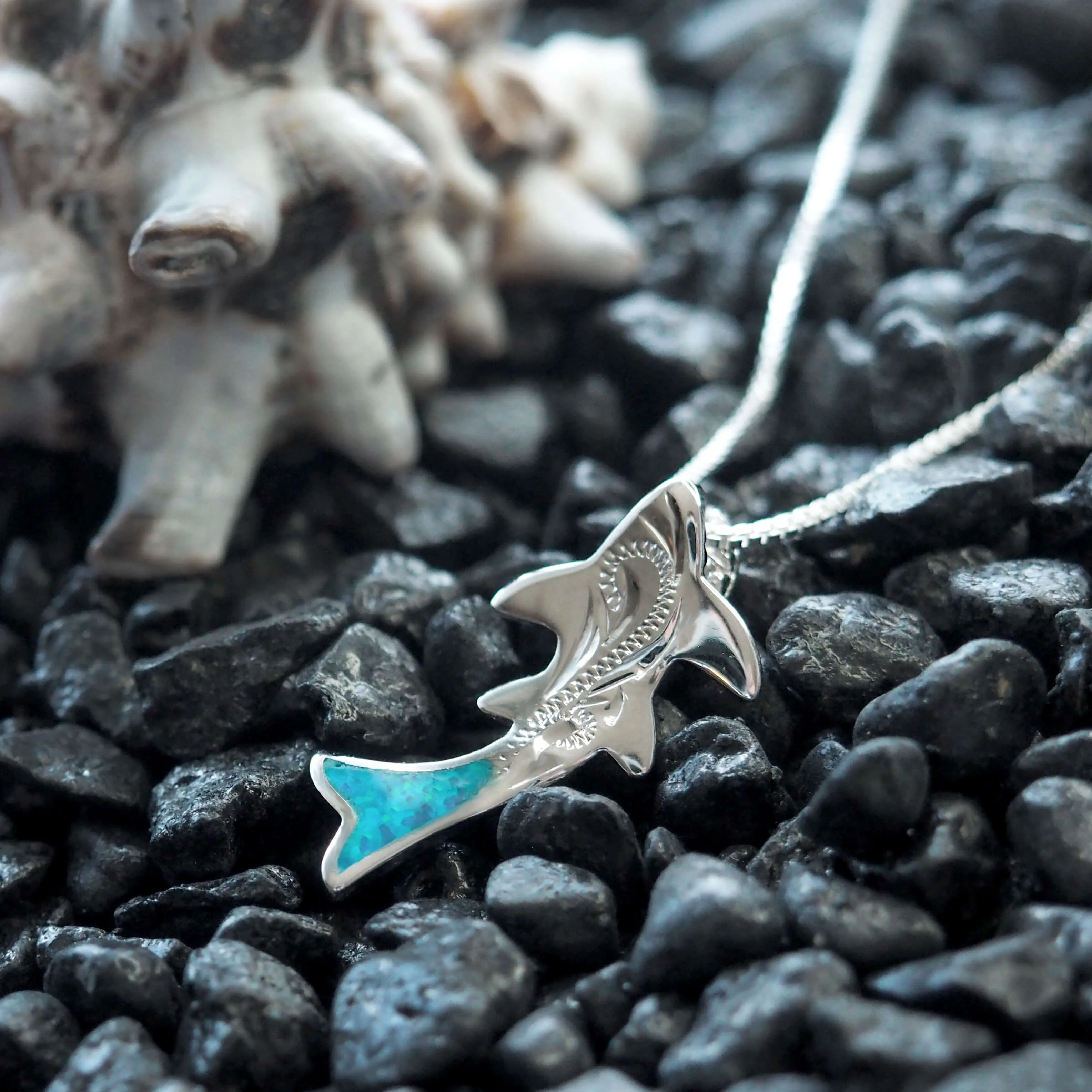 Sterling Silver Synthetic Opal Shark Pendant Necklace, 16 2" Extender