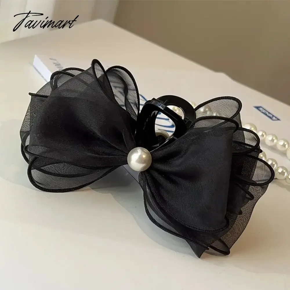 TAVIMART -  Korean hairpin jewelry Super fairy ins silk yarn bow pearl catch hairpin fairy net red headwear