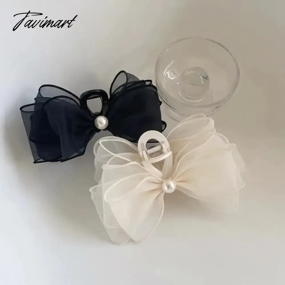 TAVIMART -  Korean hairpin jewelry Super fairy ins silk yarn bow pearl catch hairpin fairy net red headwear