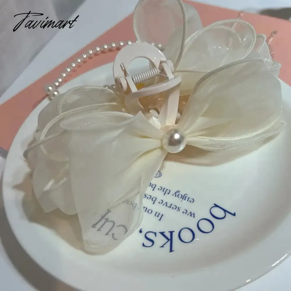 TAVIMART -  Korean hairpin jewelry Super fairy ins silk yarn bow pearl catch hairpin fairy net red headwear