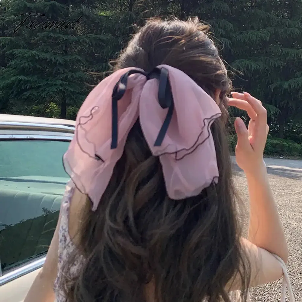 Tavimart Korean Mesh Oversized Bowknot Hair Clips for Women Girls Sweet Pink Multi-Layer Bow Ponytail Hairpin Headwear Hair Accessories