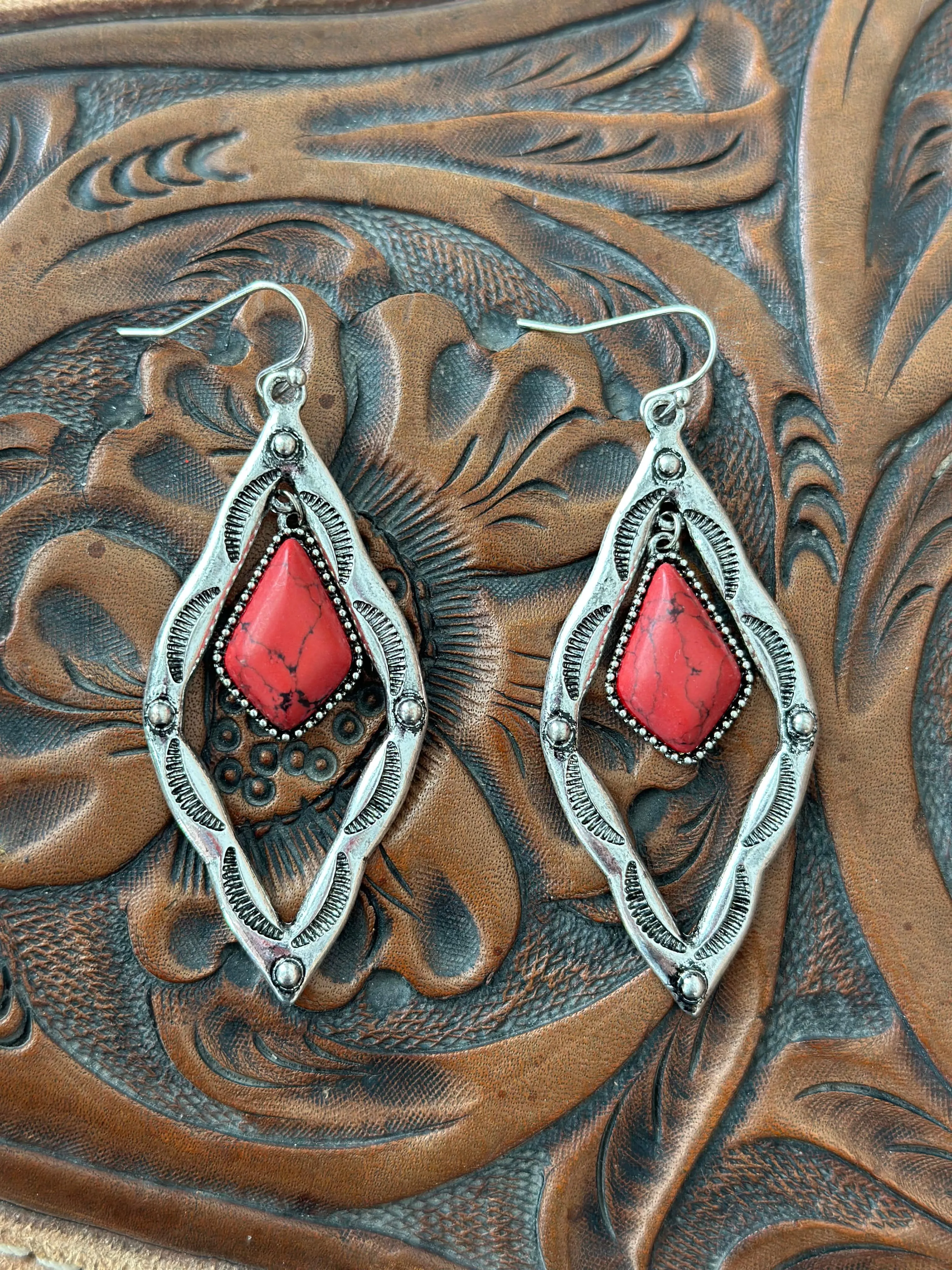 The Silver Engraved Coral Southwest Drop Earrings
