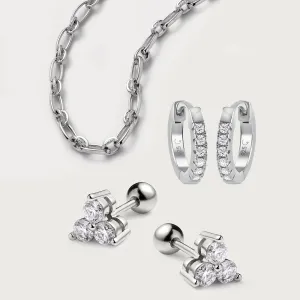 Trinity Moissanite Sleep Stud Earrings   Moissanite Hoop Earrings   Grecian Allegro Link Layering Chain