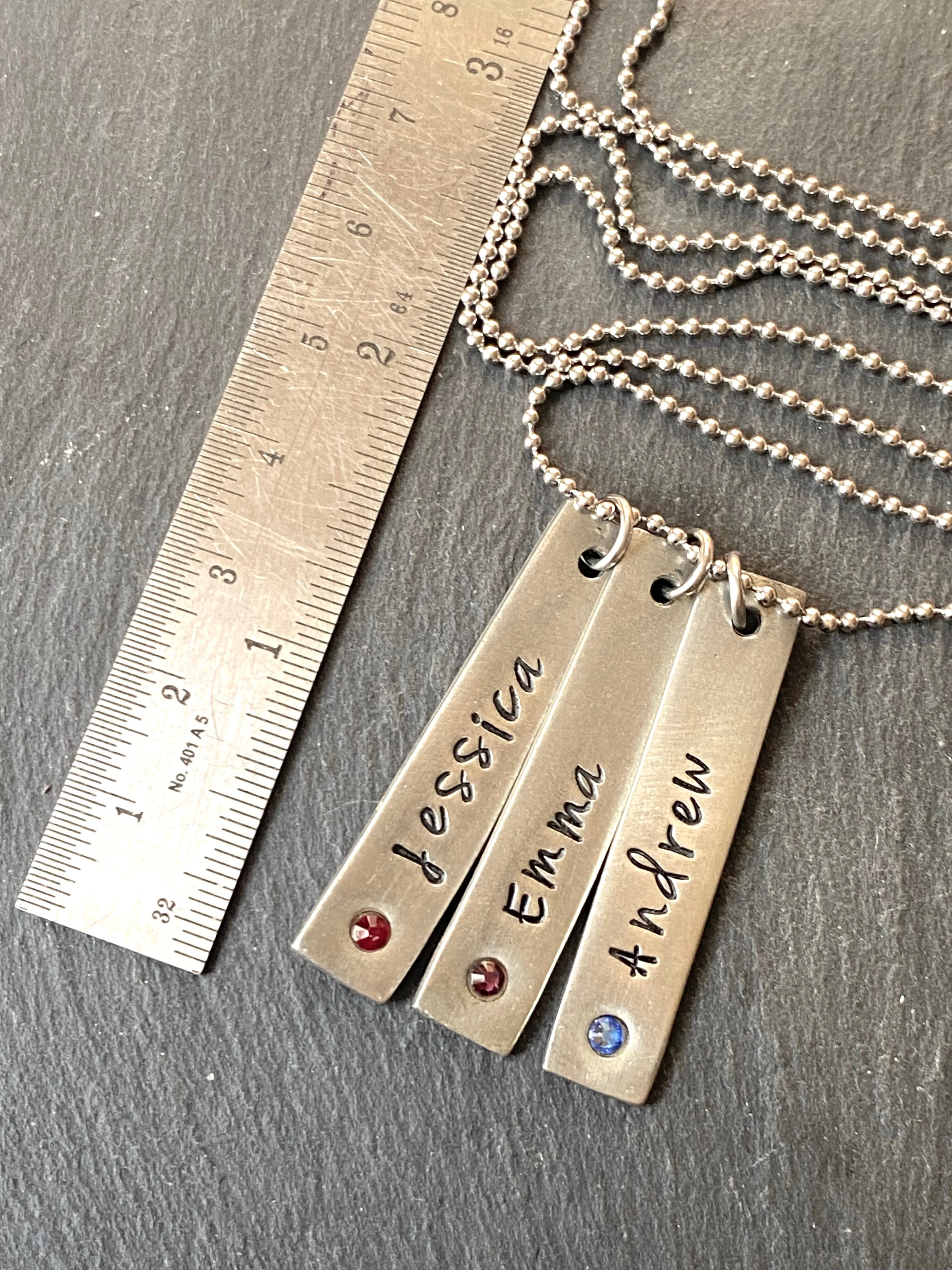 Vertical bar Mothers necklace with children's names and birthstones