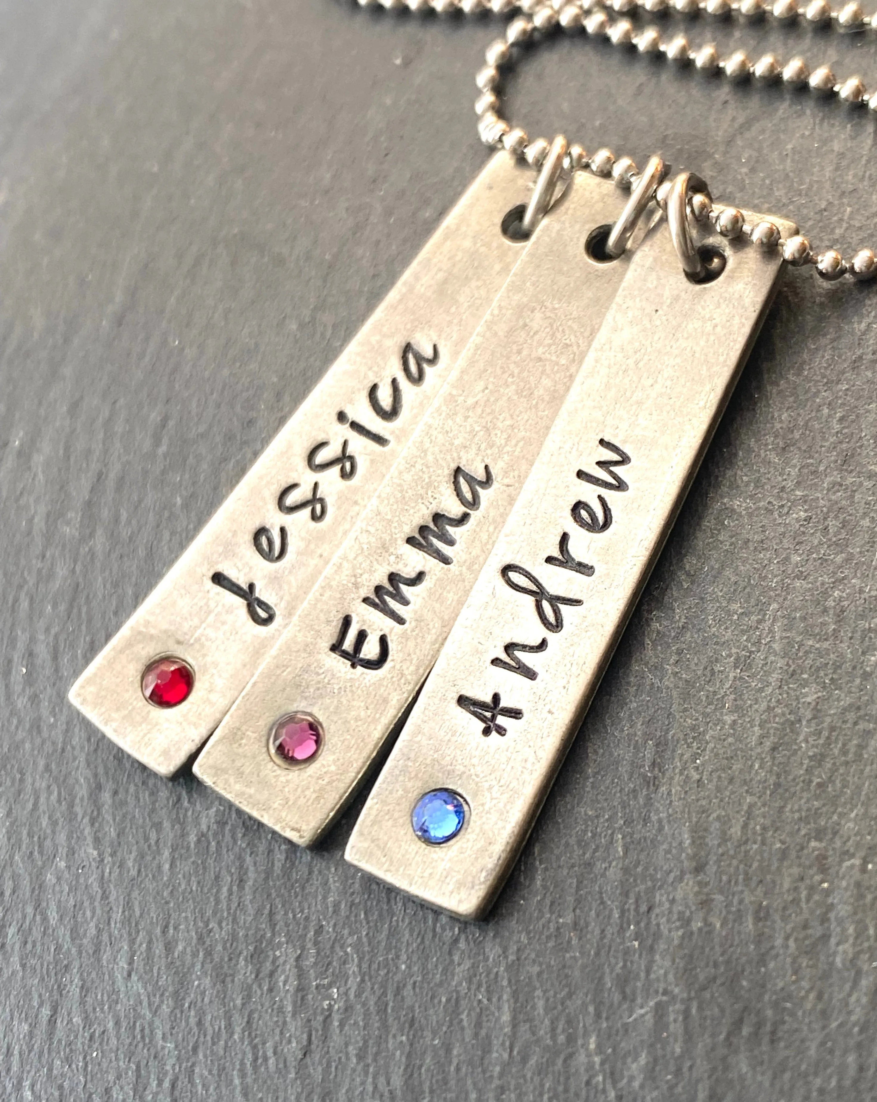 Vertical bar Mothers necklace with children's names and birthstones
