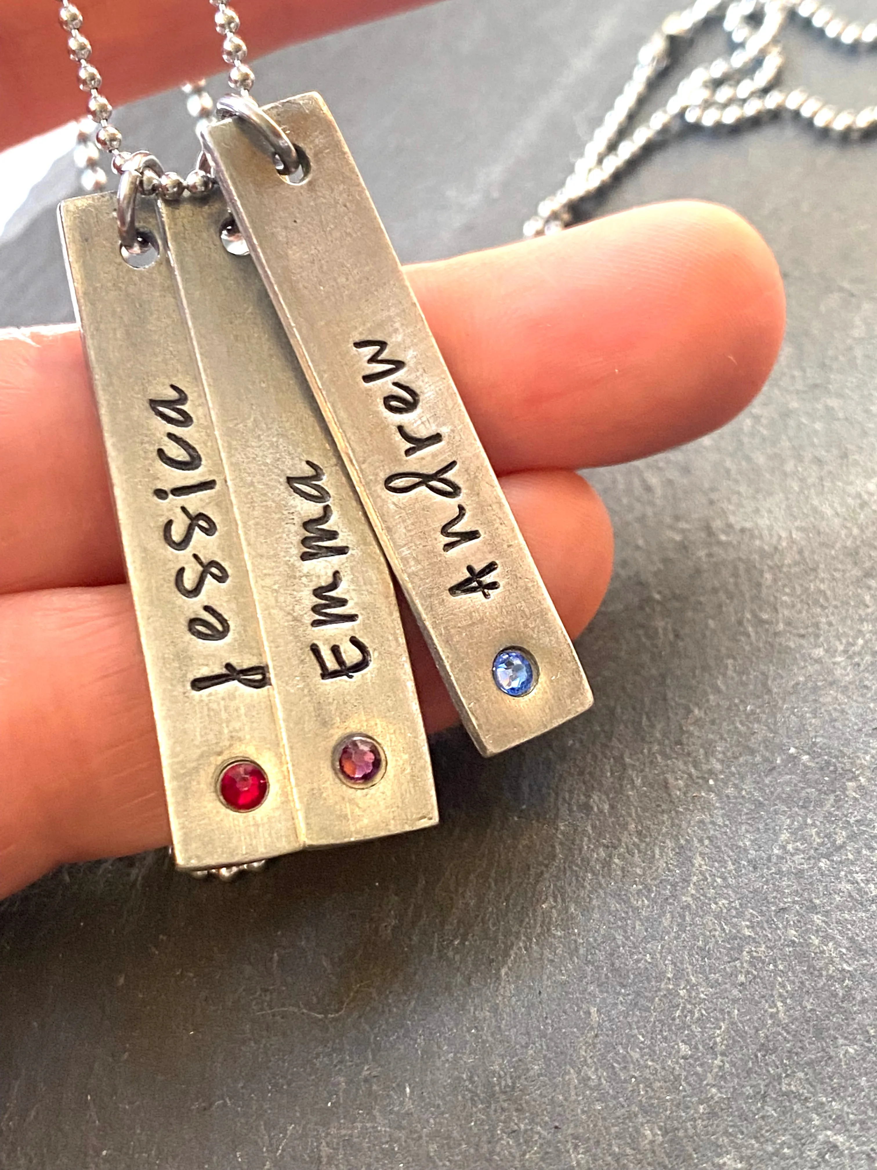Vertical bar Mothers necklace with children's names and birthstones