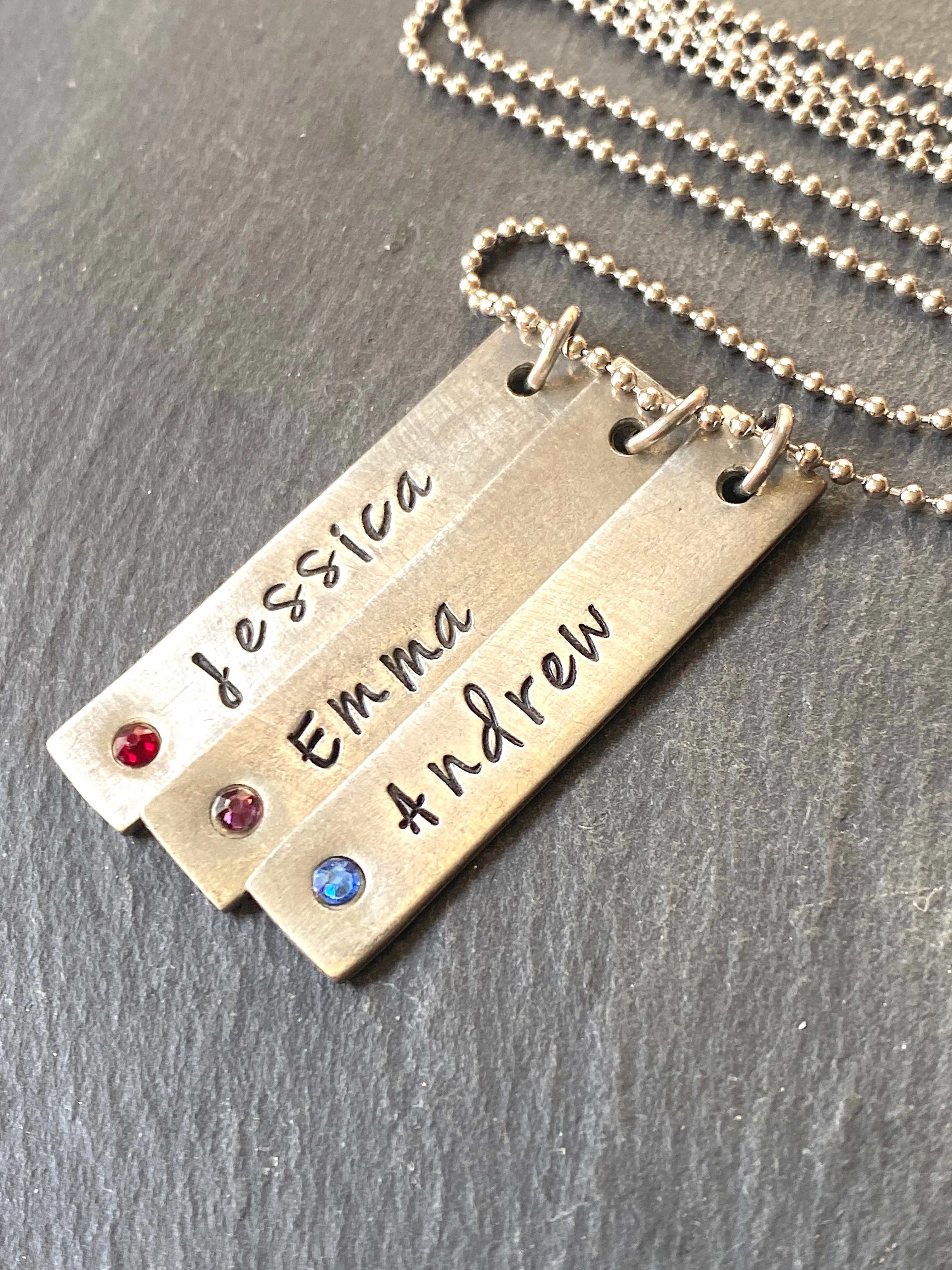 Vertical bar Mothers necklace with children's names and birthstones