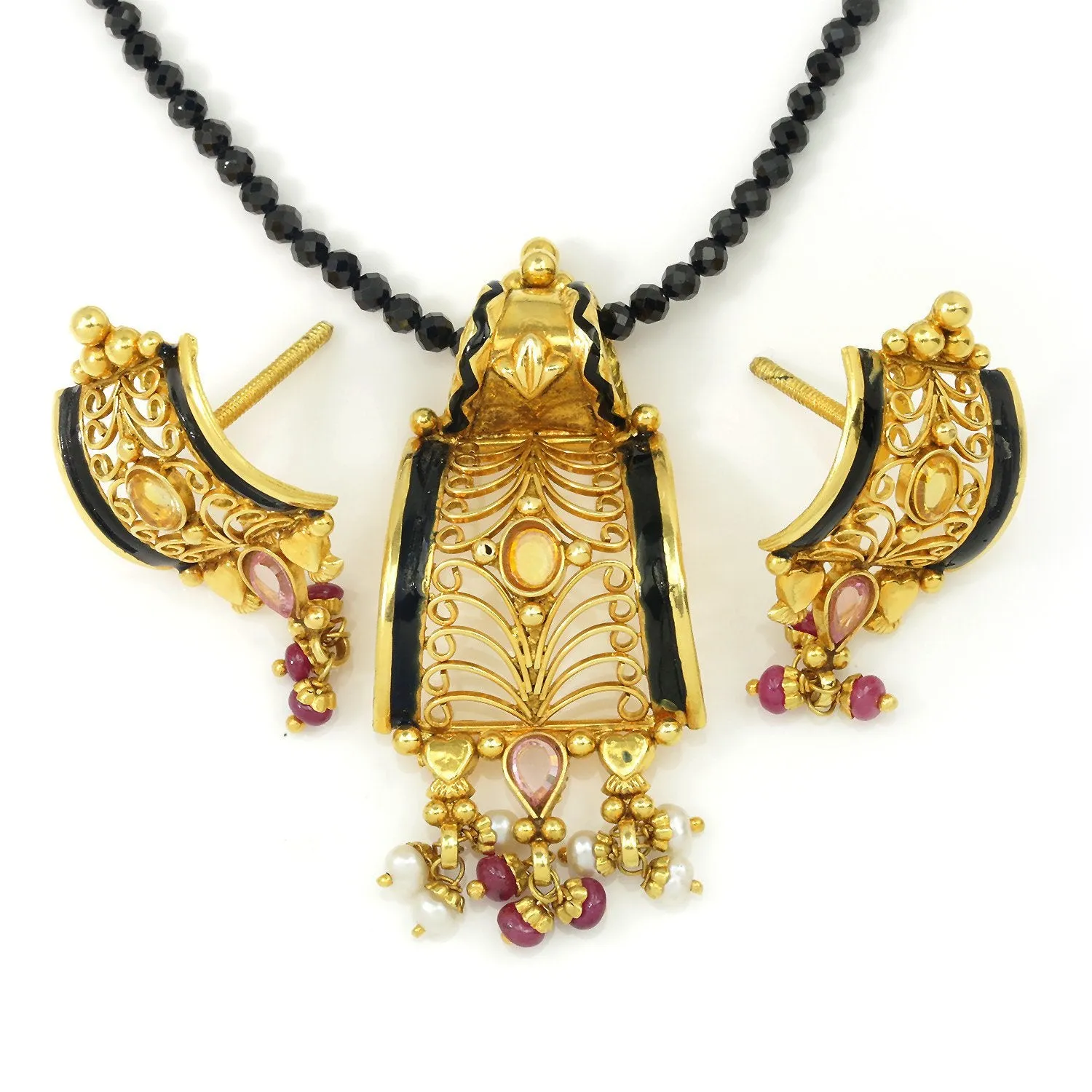 Vintage 23Kt Yellow Gold & Enamel Gemstone Necklace Earring Set