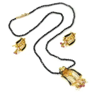 Vintage 23Kt Yellow Gold & Enamel Gemstone Necklace Earring Set