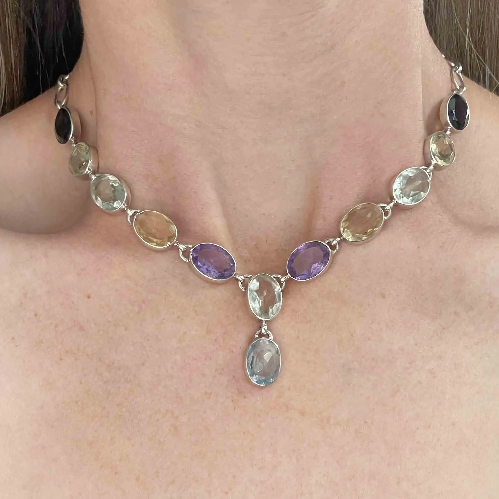 Vintage Silver Amethyst Topaz Citrine Drop Necklace