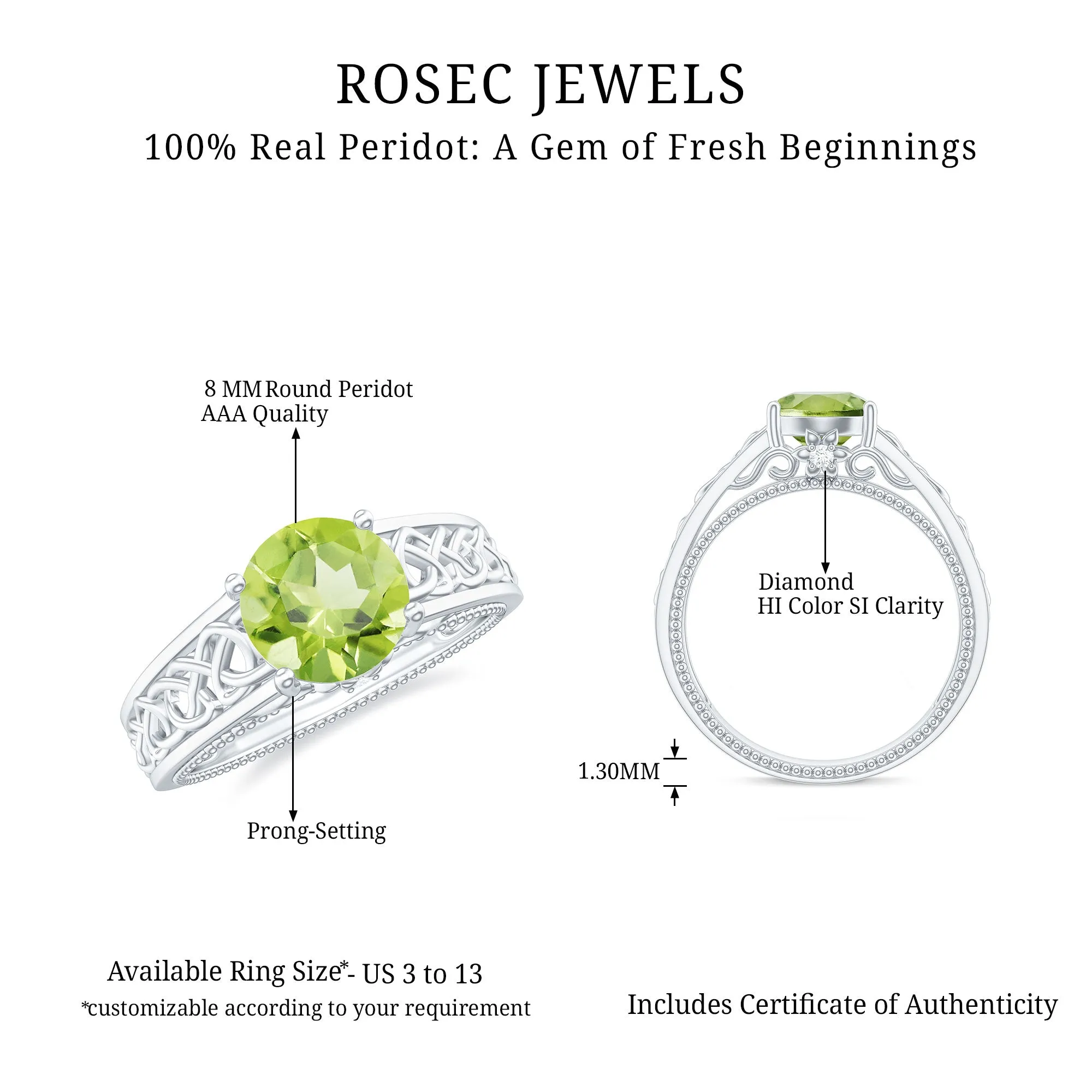 Vintage Style Peridot Celtic Knot Band Ring with Surprise Diamond