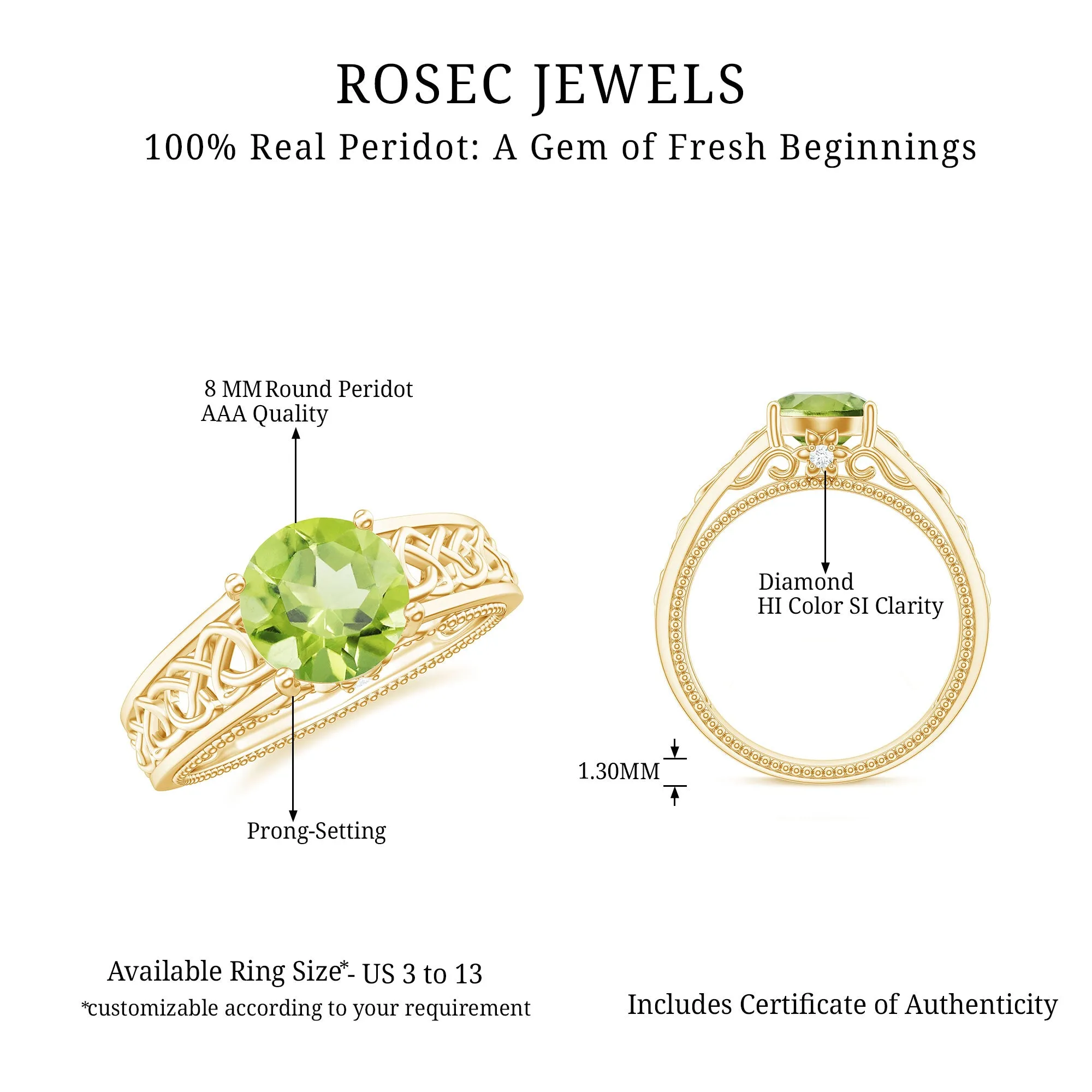 Vintage Style Peridot Celtic Knot Band Ring with Surprise Diamond