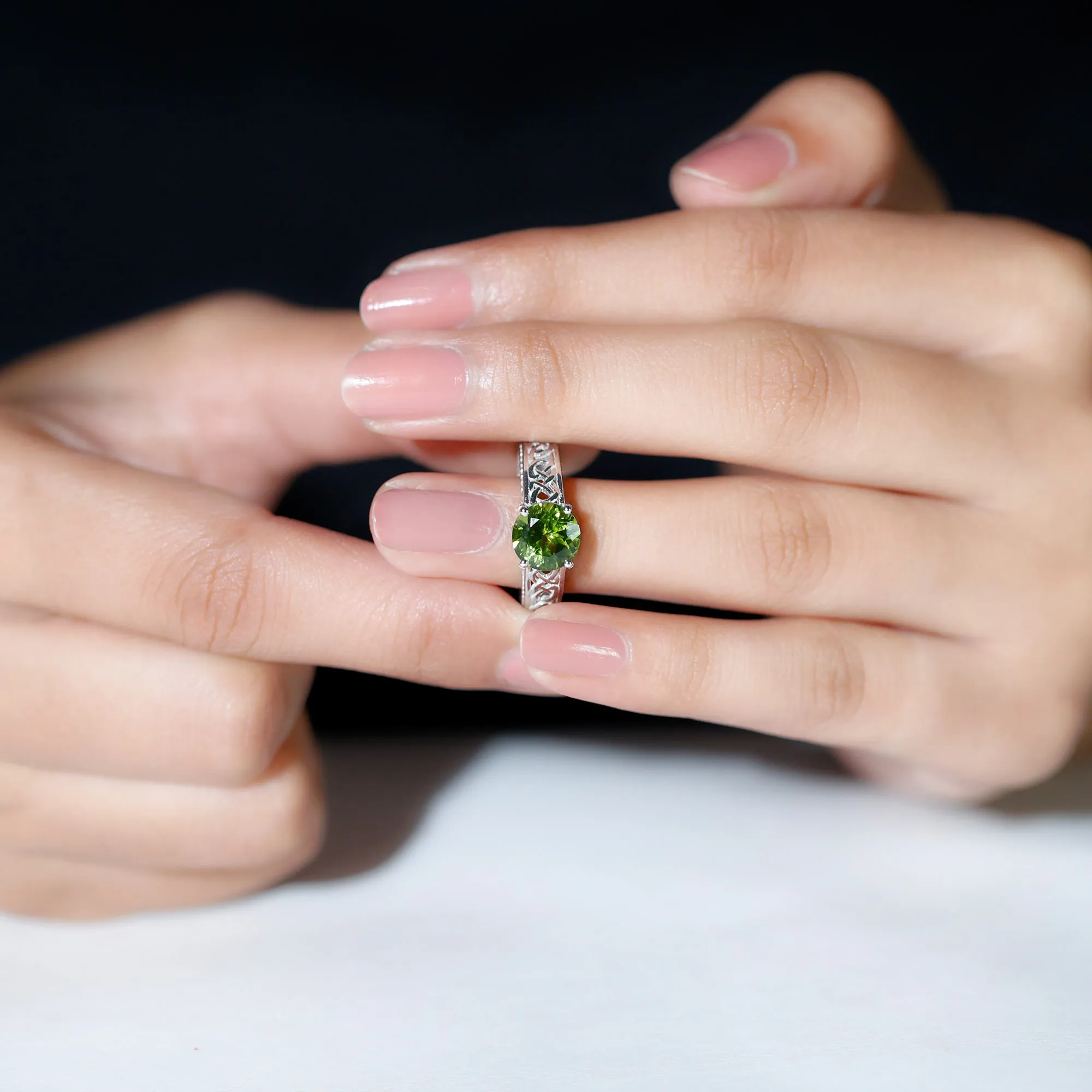 Vintage Style Peridot Celtic Knot Band Ring with Surprise Diamond