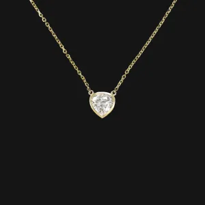 WHITE SAPPHIRE PENDANT NECKLACE PEAR SHAPE BEZEL 14k YELLOW GOLD NATURAL 1.36ct